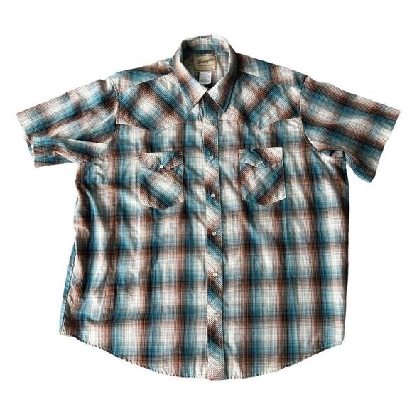 Wrangler Other - Wrangler Western Short Sleeve‎ Pearl Snap Shirt Cream / Blue / Brown Men's 2XL